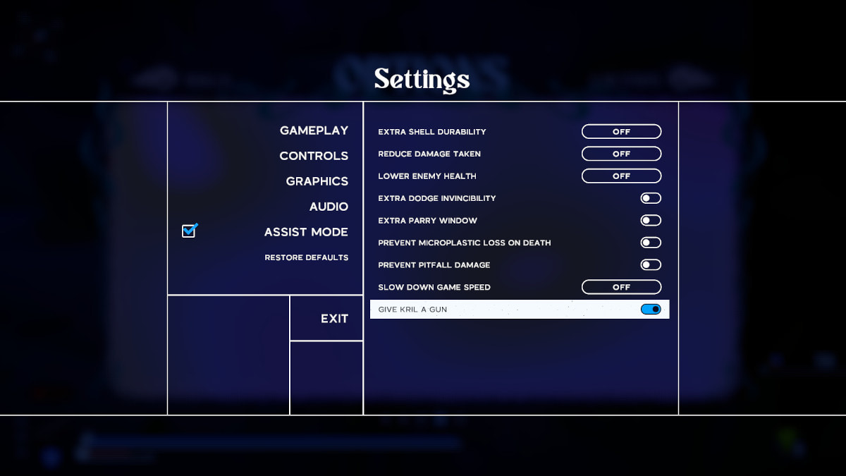 A screenshot of the settings menu and the Assist Mode submenu in Another Crab's Treasure.