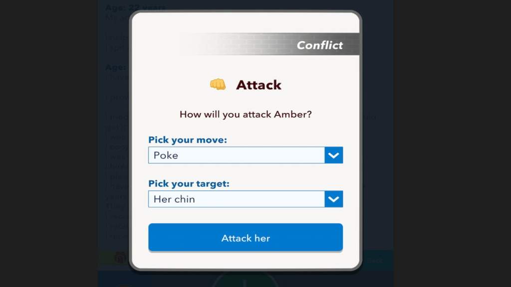 Screenshot of attack menu in BitLife