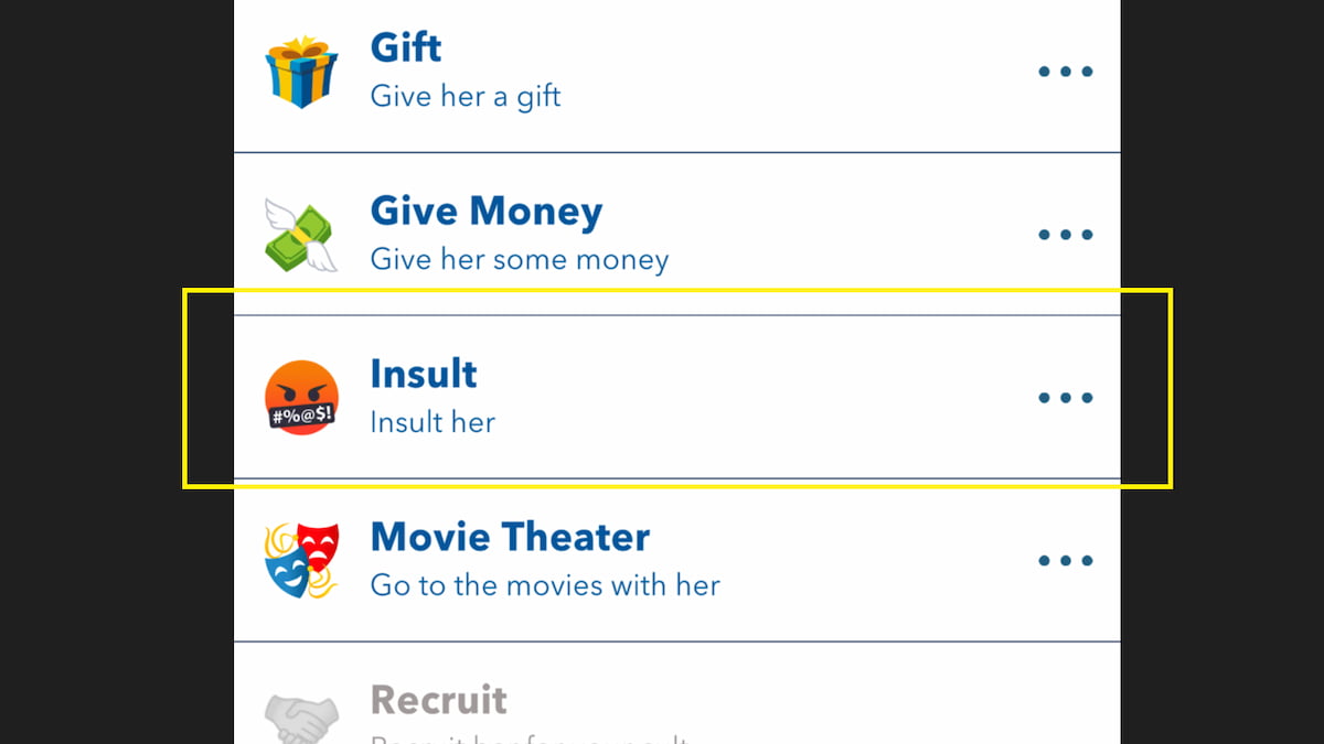 Screenshot of the insult option in BitLife
