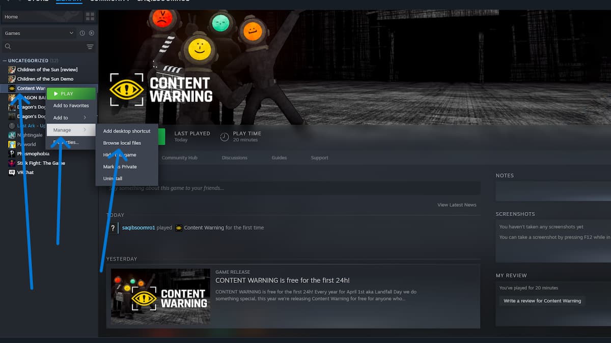 Finding Content Warning location with Steam