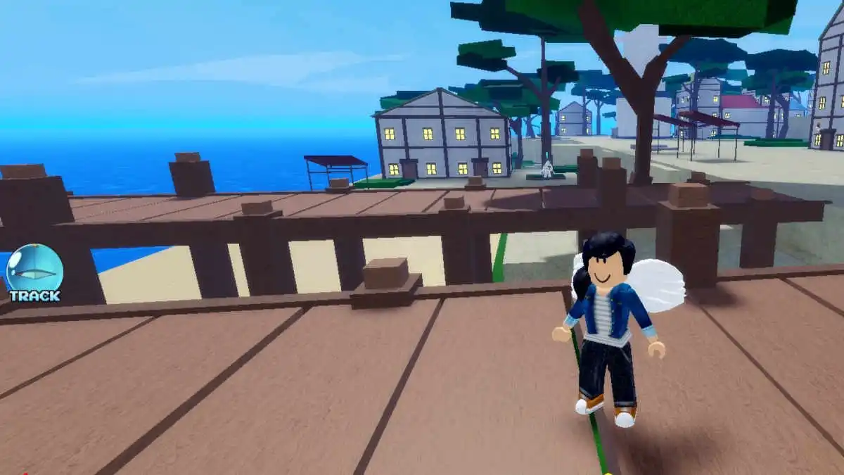 Roblox character from Demon Piece standing on a pier.