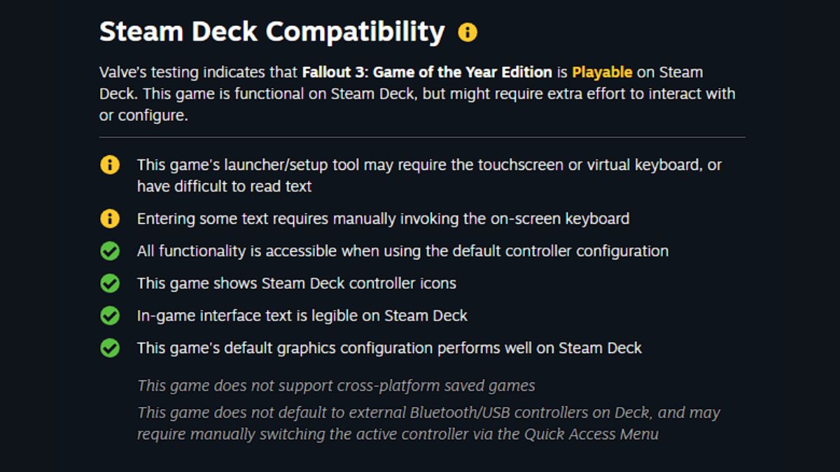 Valve's Steam Deck Compatibility page for Fallout 3.