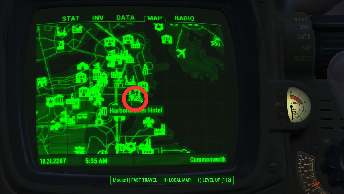 A screenshot of the Fallout 4 map with the Harbormaster Hotel circled in red.