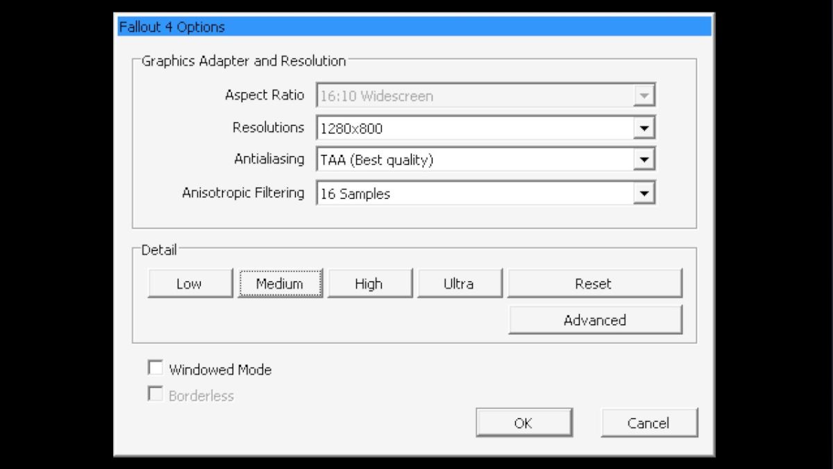 The page for Fallout 4's settings on a Steam Deck. 