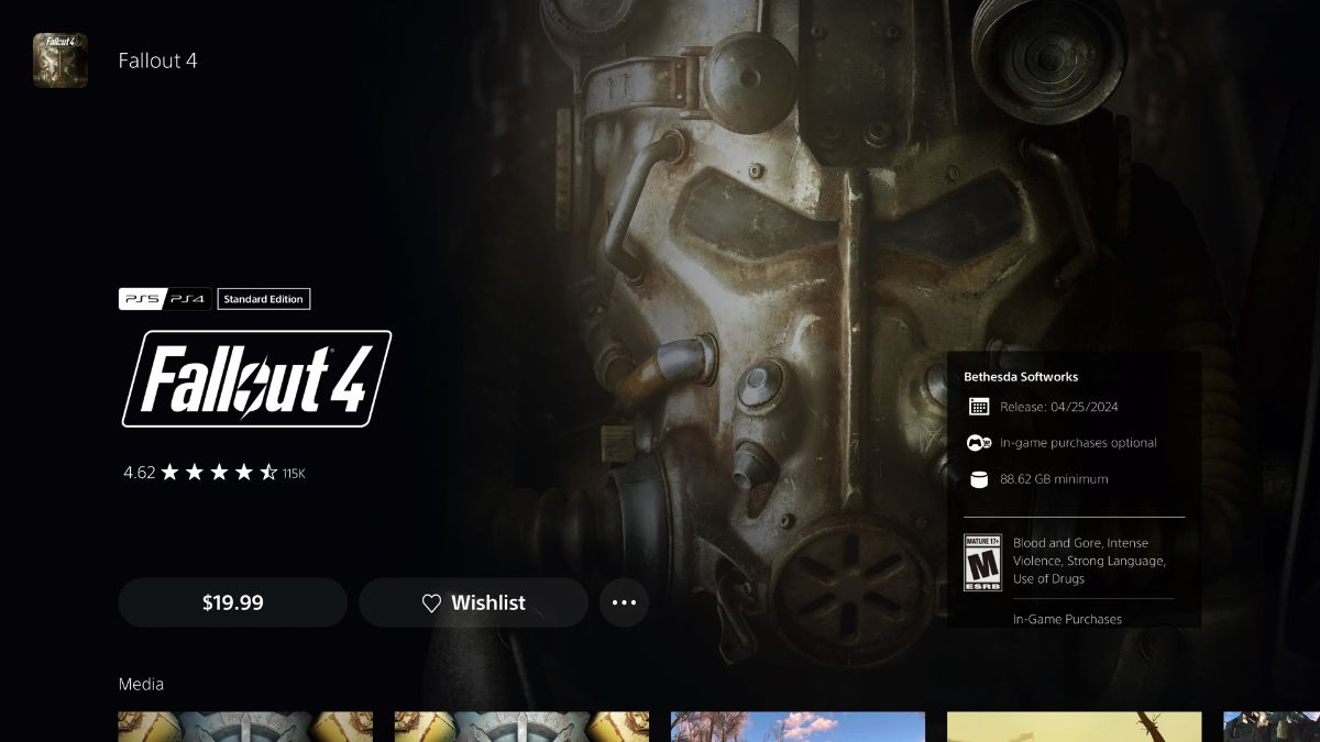 The PlayStation Store showing Fallout 4's page and the PS4 and PS5 logos.
