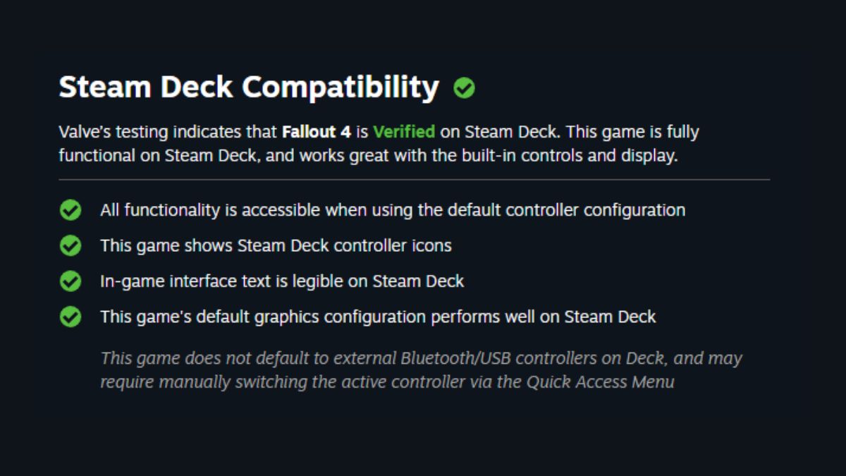 Valve's Steam Deck Compatibility page for Fallout 4.