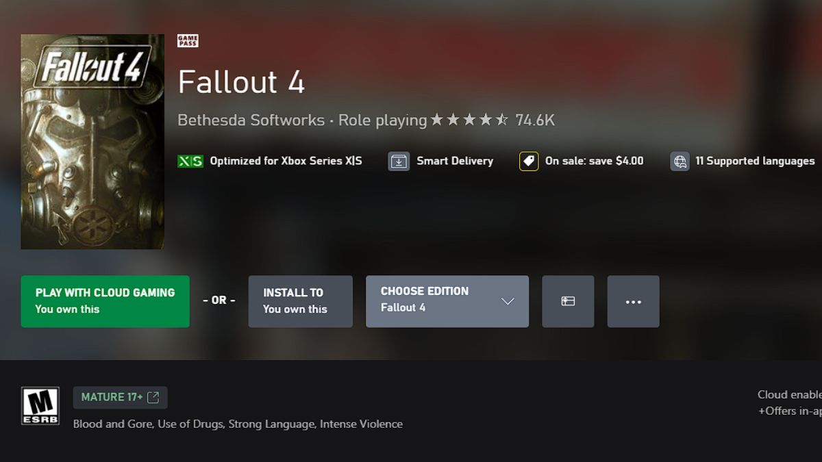 Fallout 4's page on the Xbox Store showing optimzed for Xbox Series X|S
