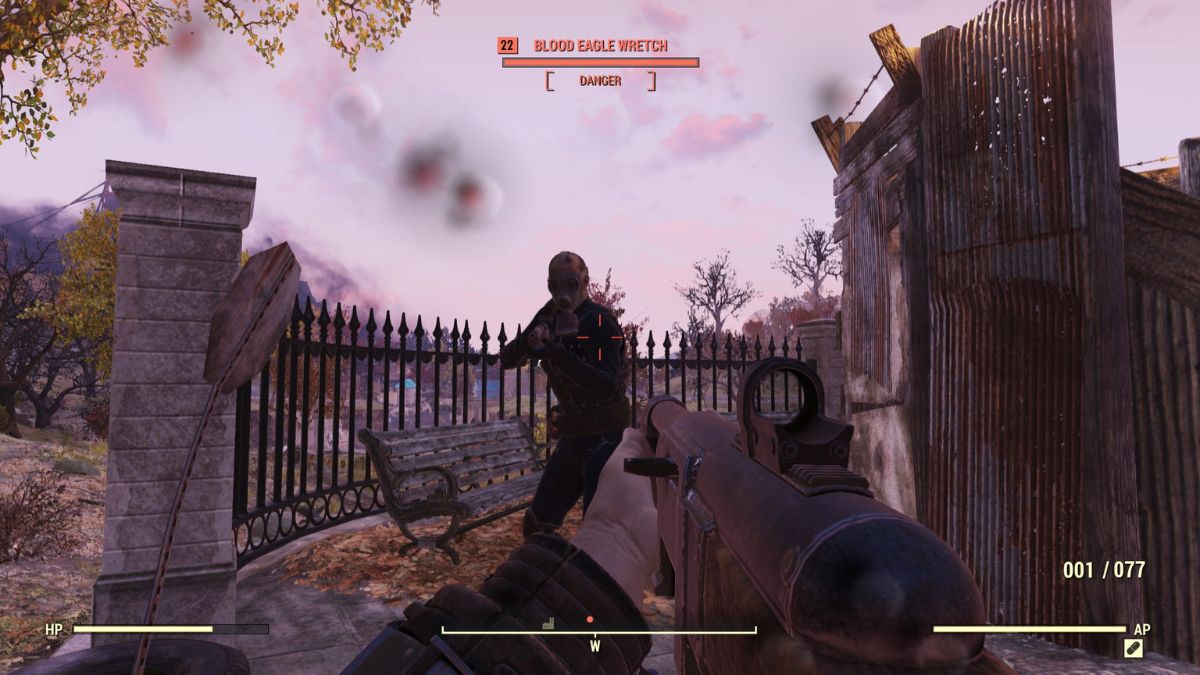 A player shooting a Blood Eagle Wretch in Fallout 76