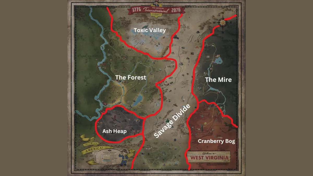 A map of Fallout 76 with each region drawn and labeled.