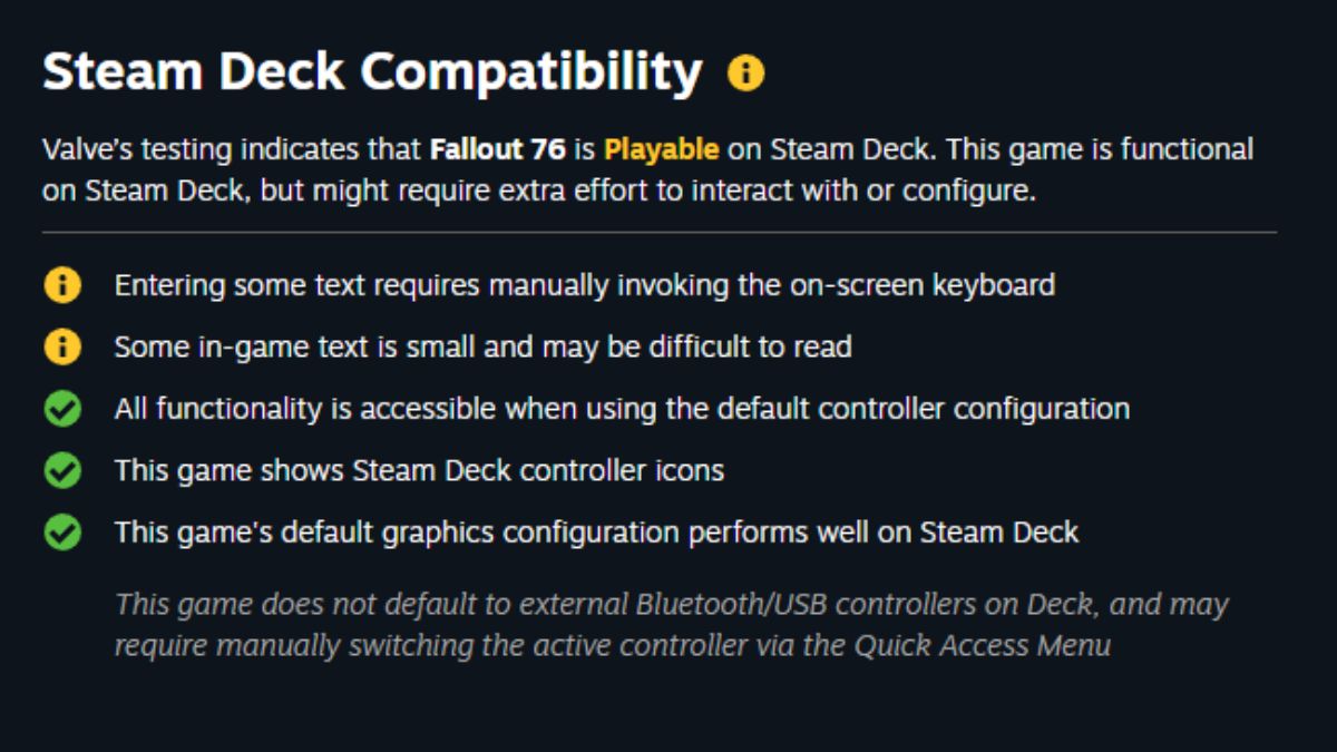 Fallout 76's official Steam Deck compatibility notes from Valve
