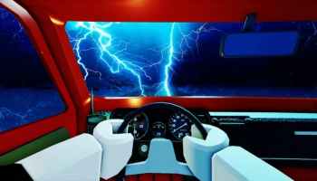 A Player driving through a thunderstorm in A Dusty Trip