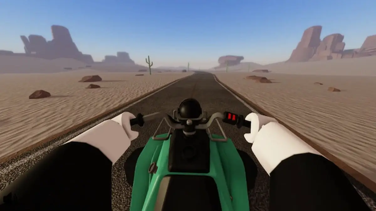 An Image of a player driving motorbike in a Dusty Trip