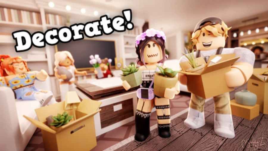 Several Roblox Characters decorating a house in Bloxburg