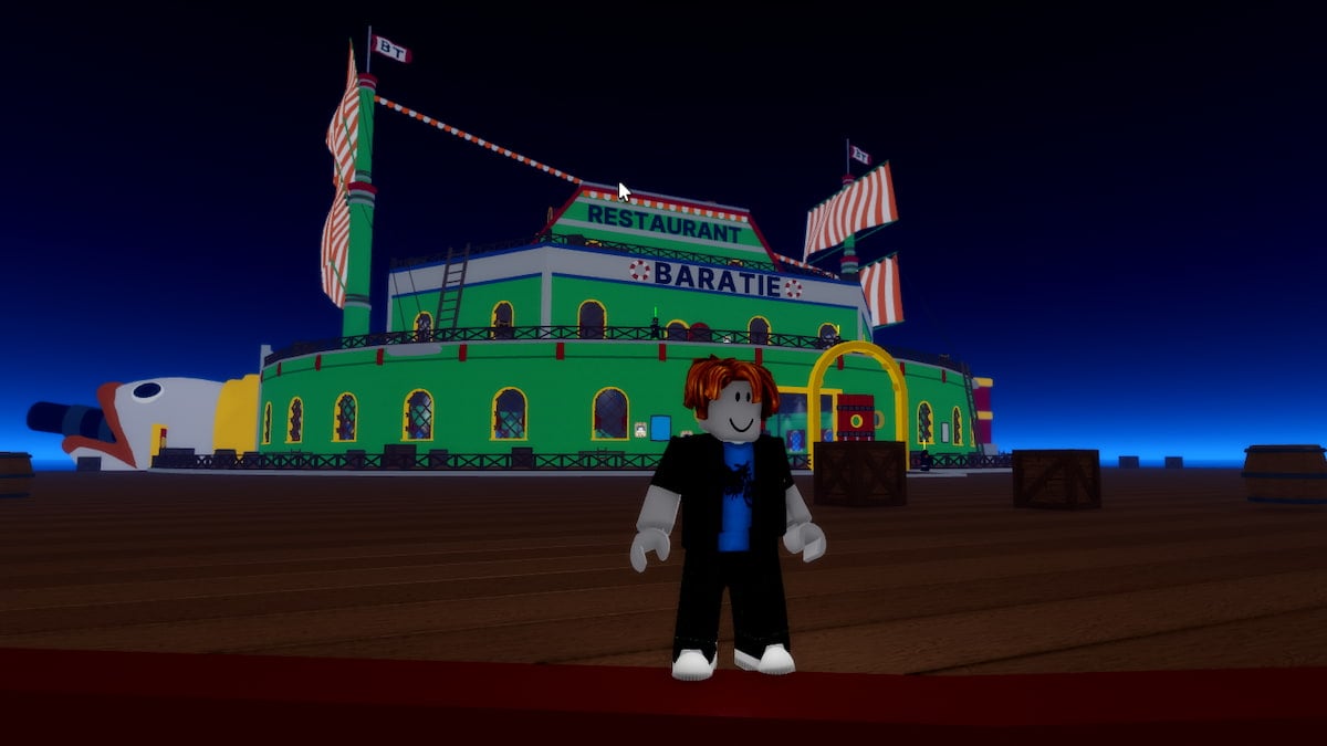 A player standing in front of the Baratie in Demon Piece