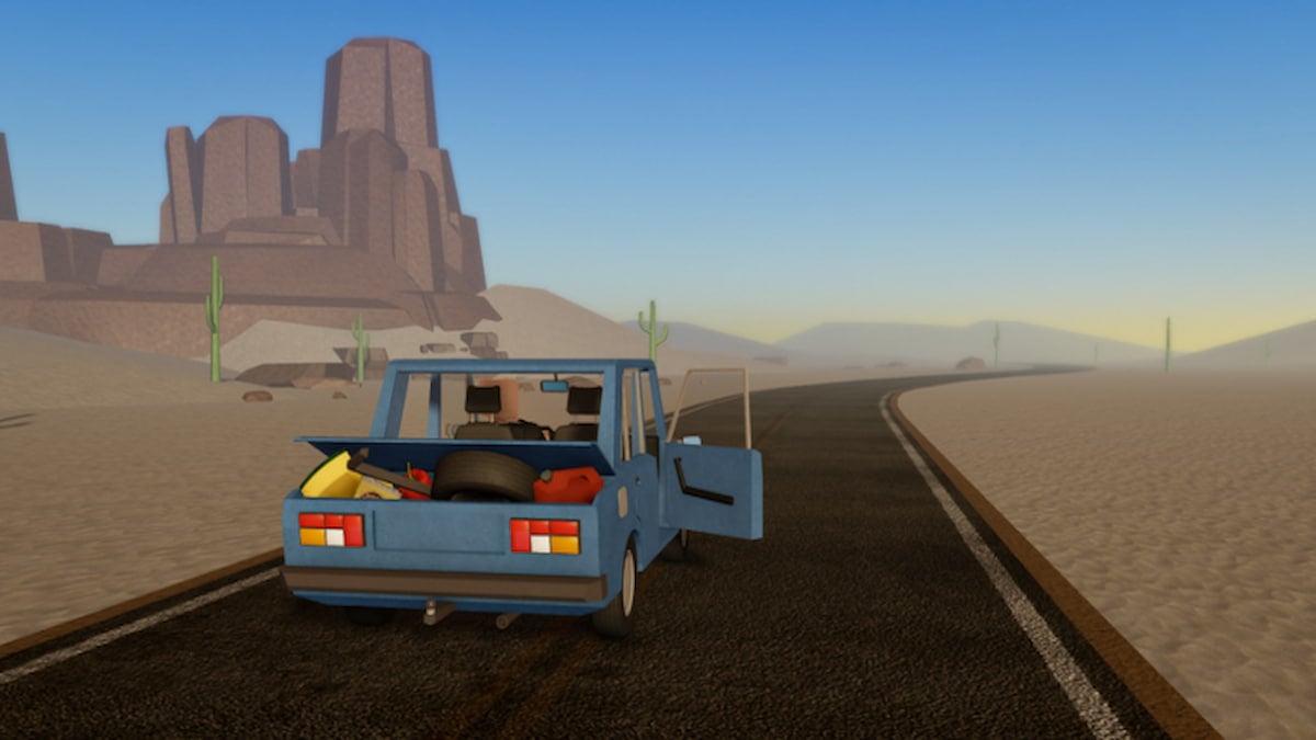 A car moving down the road in A Dusty Trip