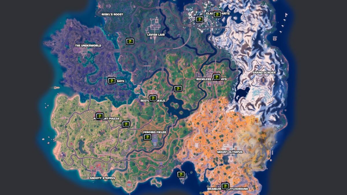 Fortnite Supply Shadow Briefing locations marked on the map