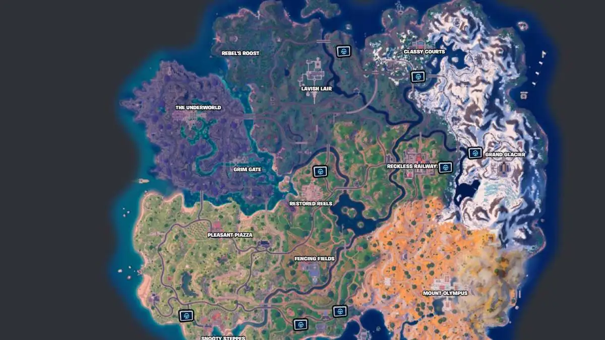 Fortnite Vehicle Shadow Briefing locations marked on the map