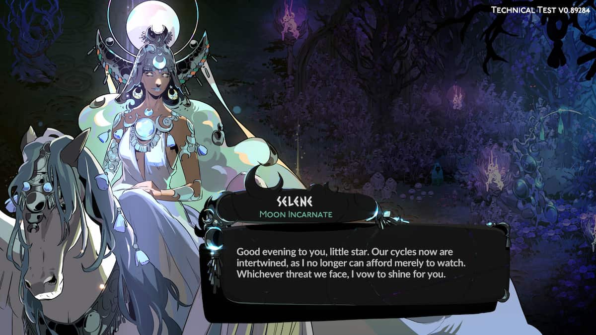 Meeting the Goddess Selene while playing Hades 2.