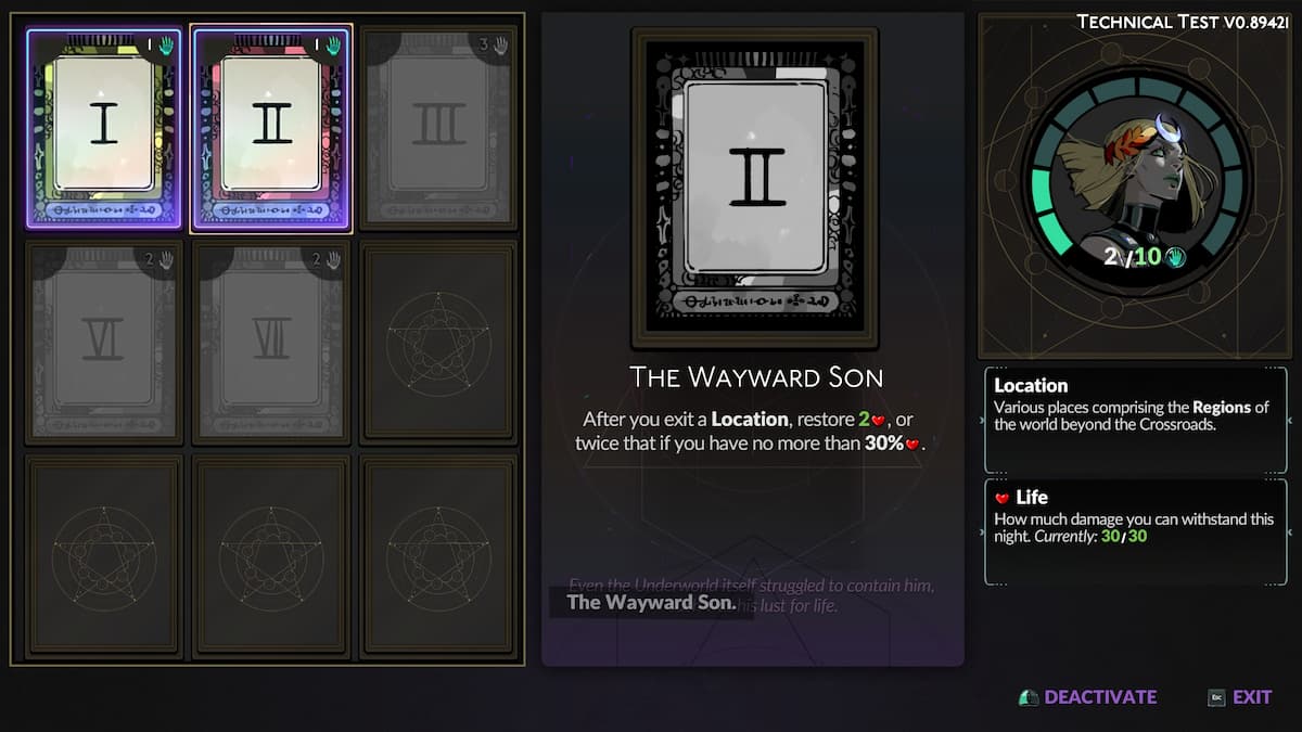 The Wayward Son Tarot Card Arcana Upgrade in Hades 2.