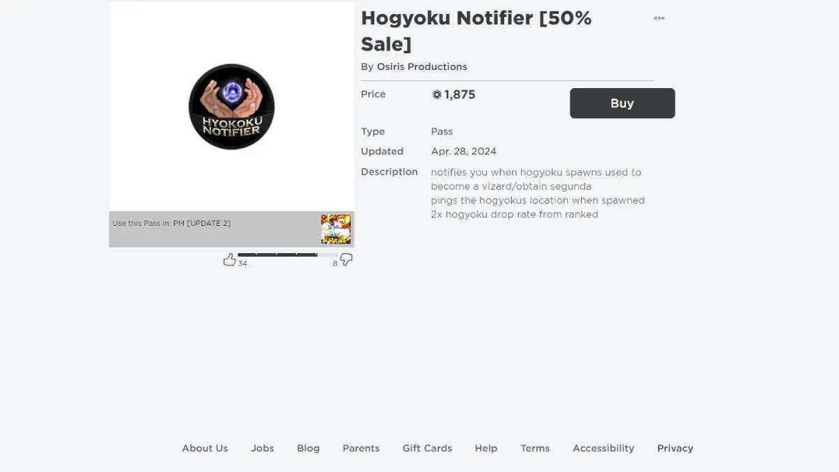 Hogyuku Notifire item purchase page on Roblox platform