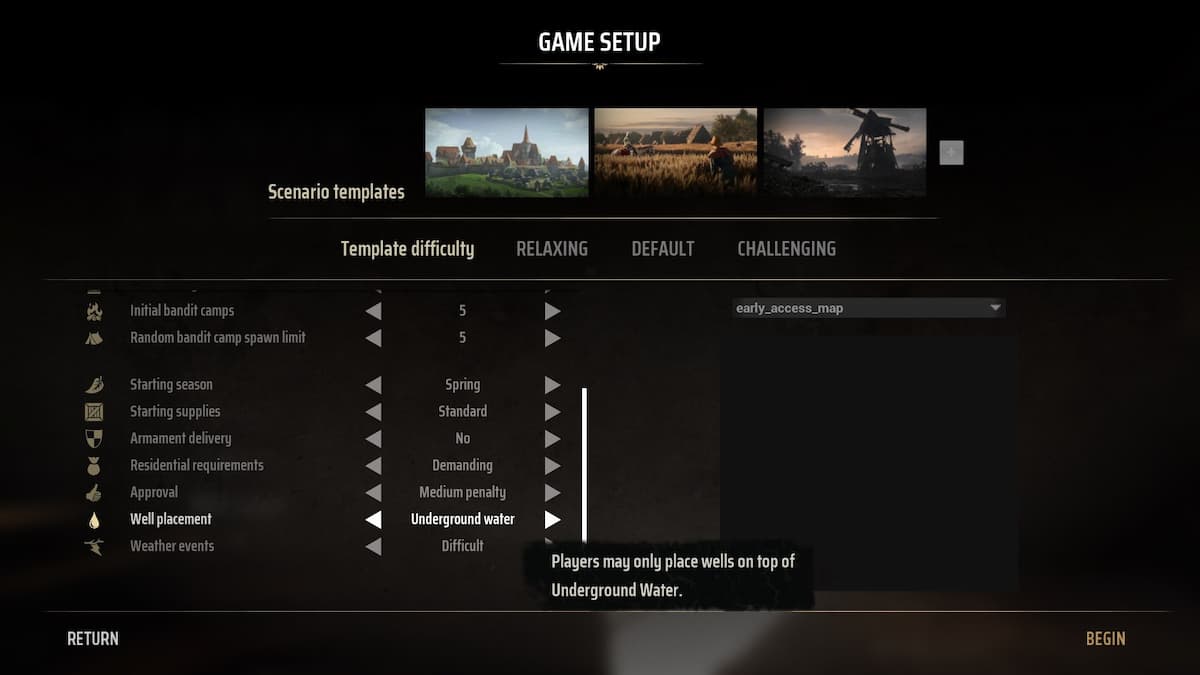 Setting the Well Placement setting to underground water in Manor Lords.