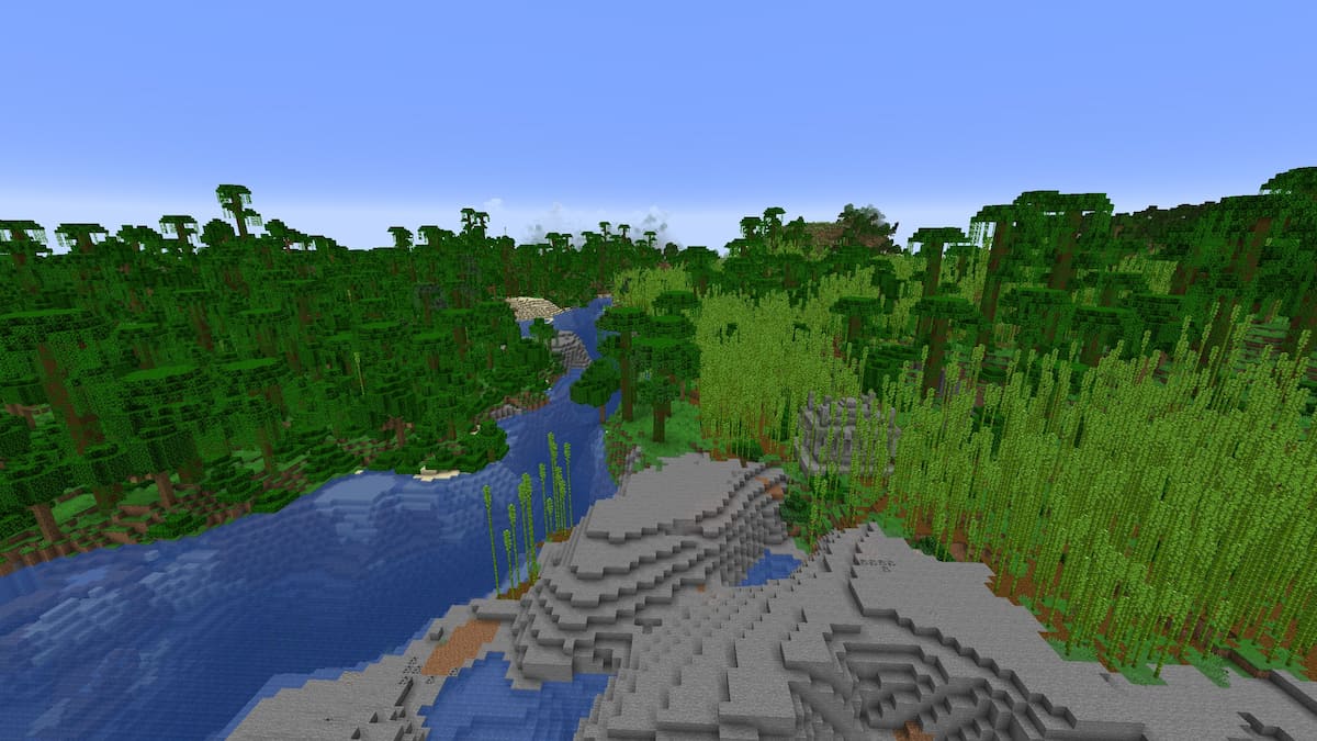 A Minecraft Jungle Temple between a Stony Shore and a Jungle