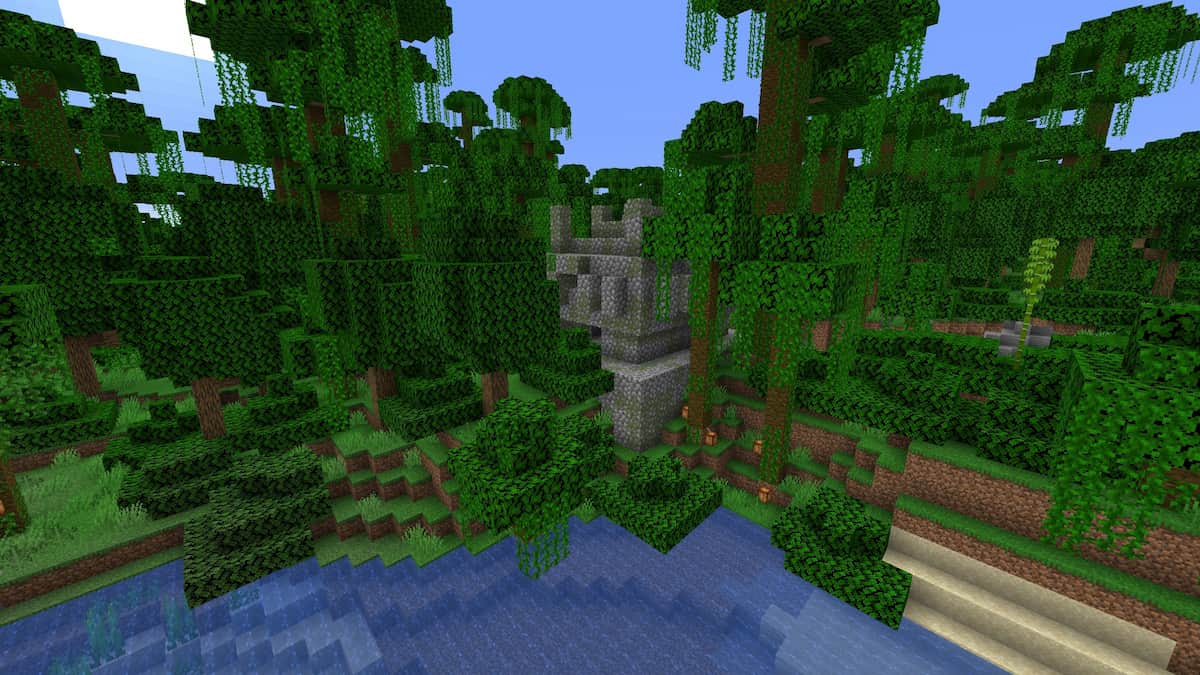 A Minecraft Jungle Temple near a small body of water