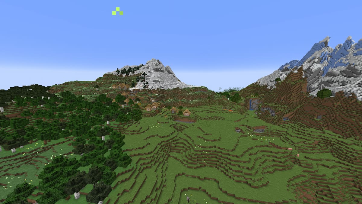 A Minecraft Plains Village on the side of a Meadow Mountain near an Icy Peaks mountain
