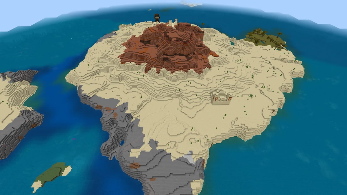 A Desert and Badlands island with a Desert Temple, a Desert Village, and a Pillager Outpost.