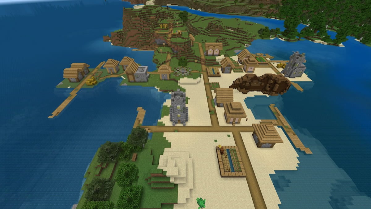 A Plains Village on the beach next to a shipwreck.