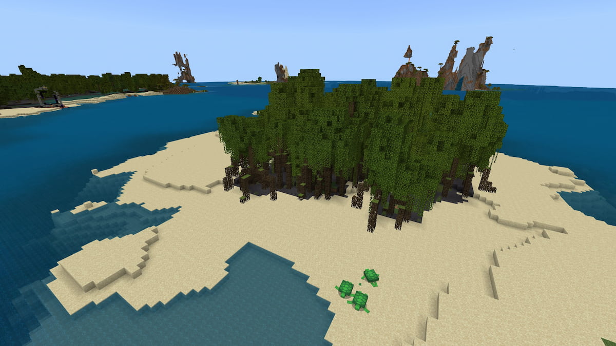 A Minecraft Beach with Mangrove trees, bees, and turtles.