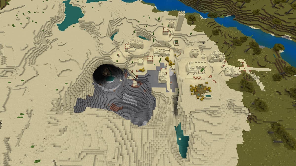 A Desert Village next to a circular cave in the ground.