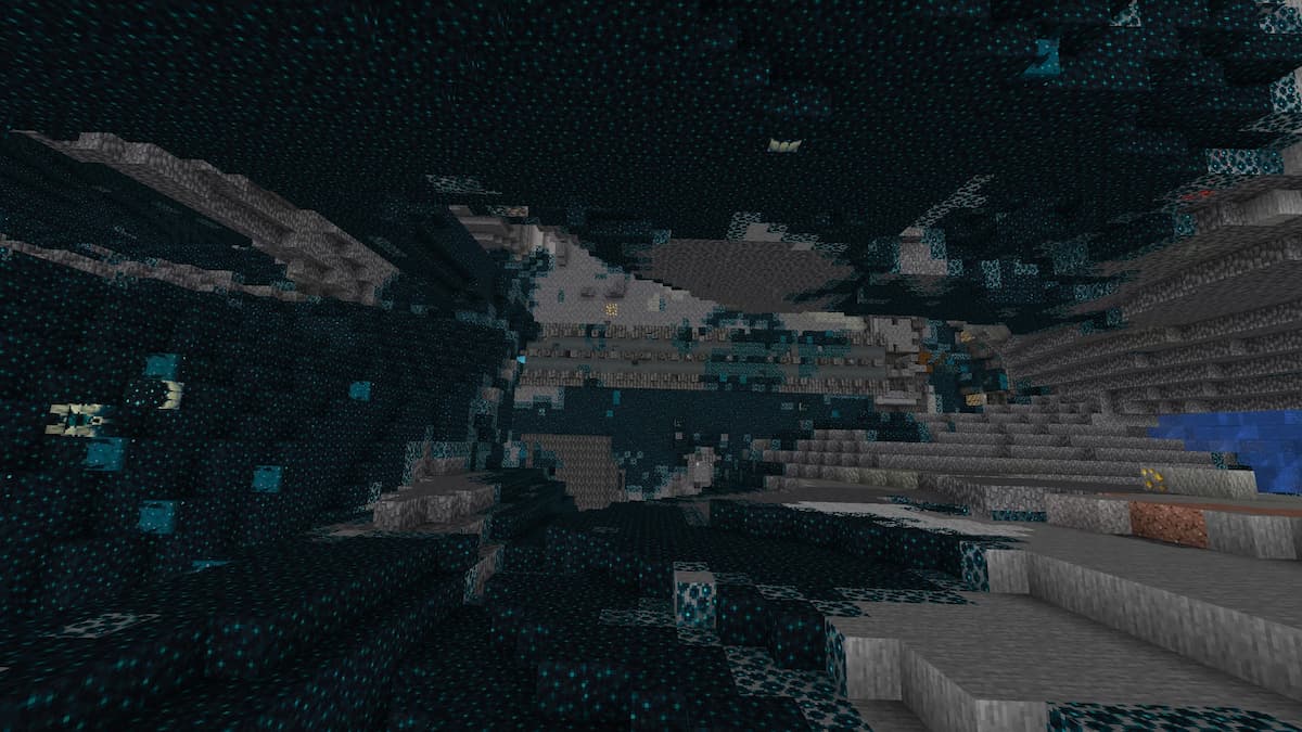 An Ancient City hidden within a ravine in Minecraft.