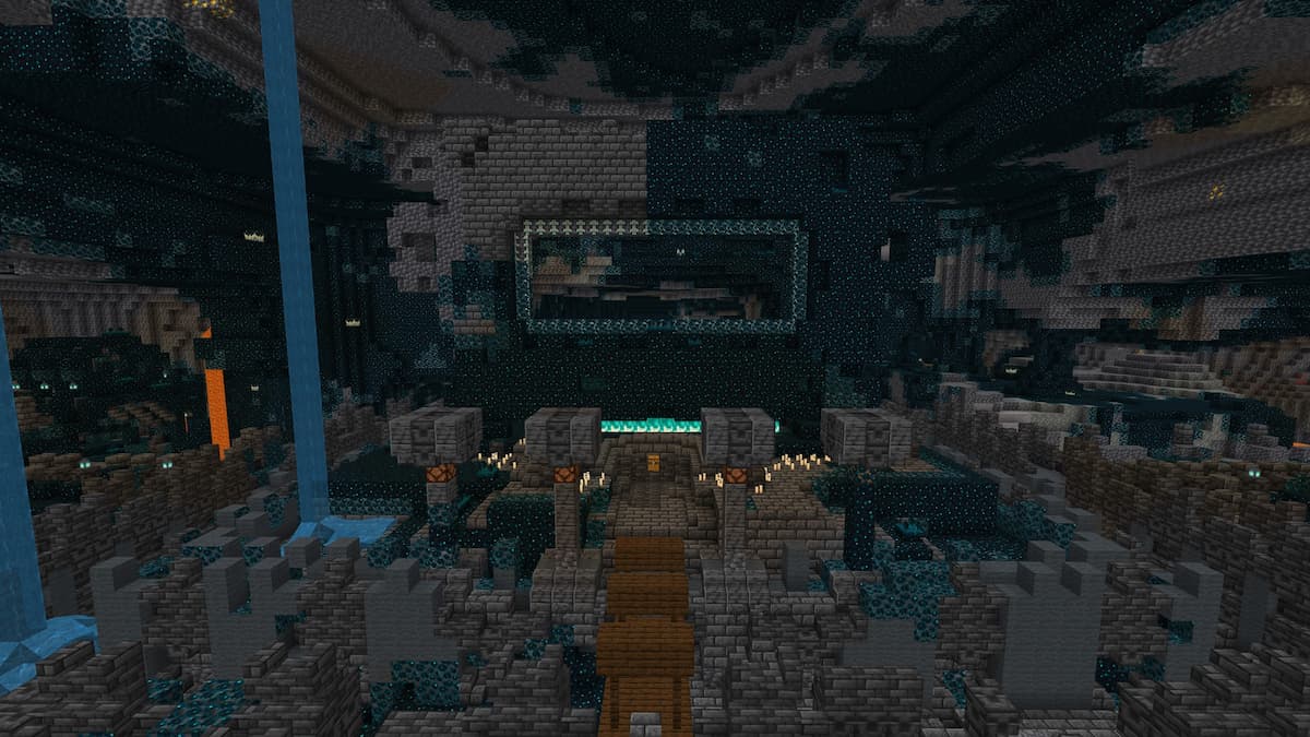 An Ancient City with lava and water falls in Minecraft.