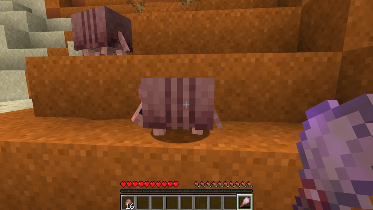 Brushing an Armadillo with a brush enchanted with Unbreaking III in Minecraft.