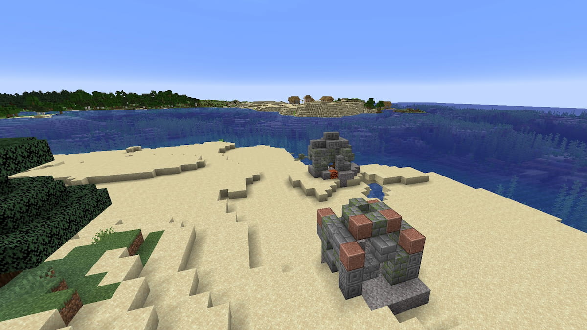 A Minecraft beach with Cold Ocean Ruins in front of a Minecraft beach with a Plains Village