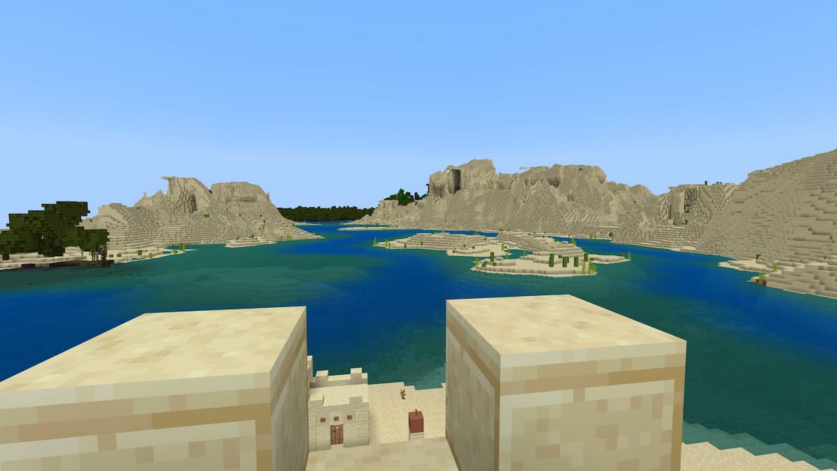 Viewing a Mangrove Swamp and a Desert Village from the tower of another Desert Village in Minecraft.
