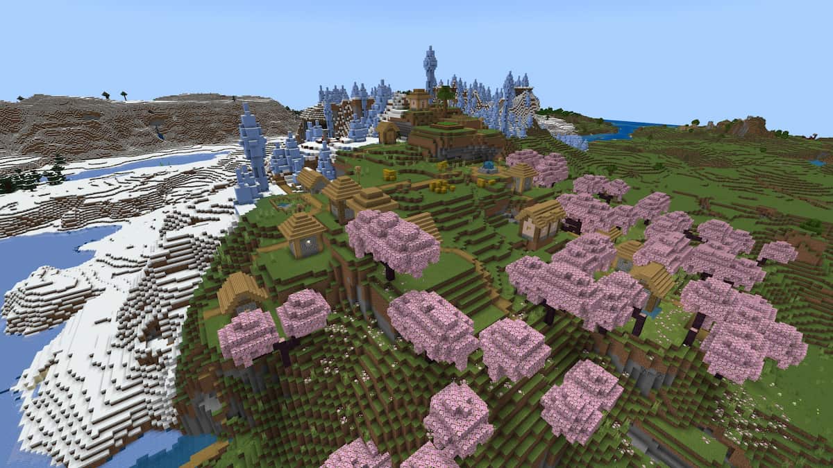 A Plains Village between a Cherry Grove and an Ice Spikes biome.