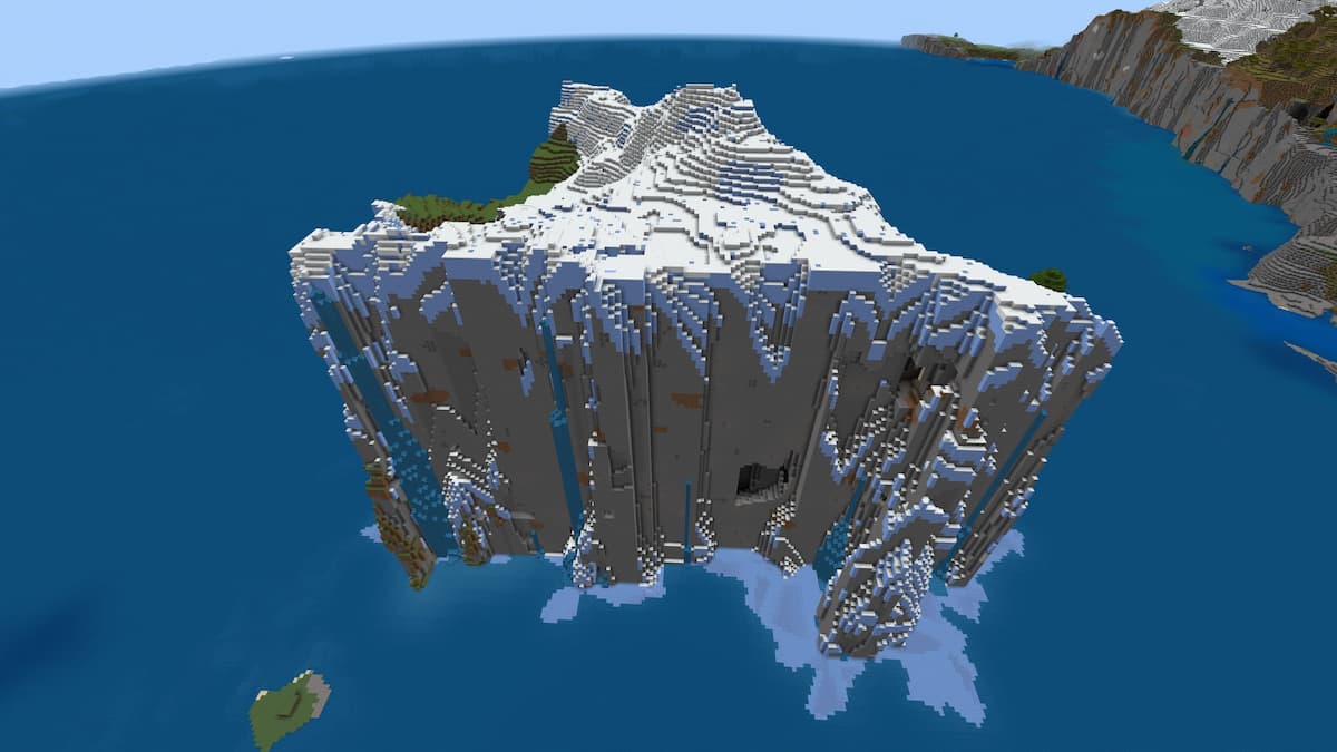 A Minecraft island made up of Icy Peaks and Stony Shores biomes.