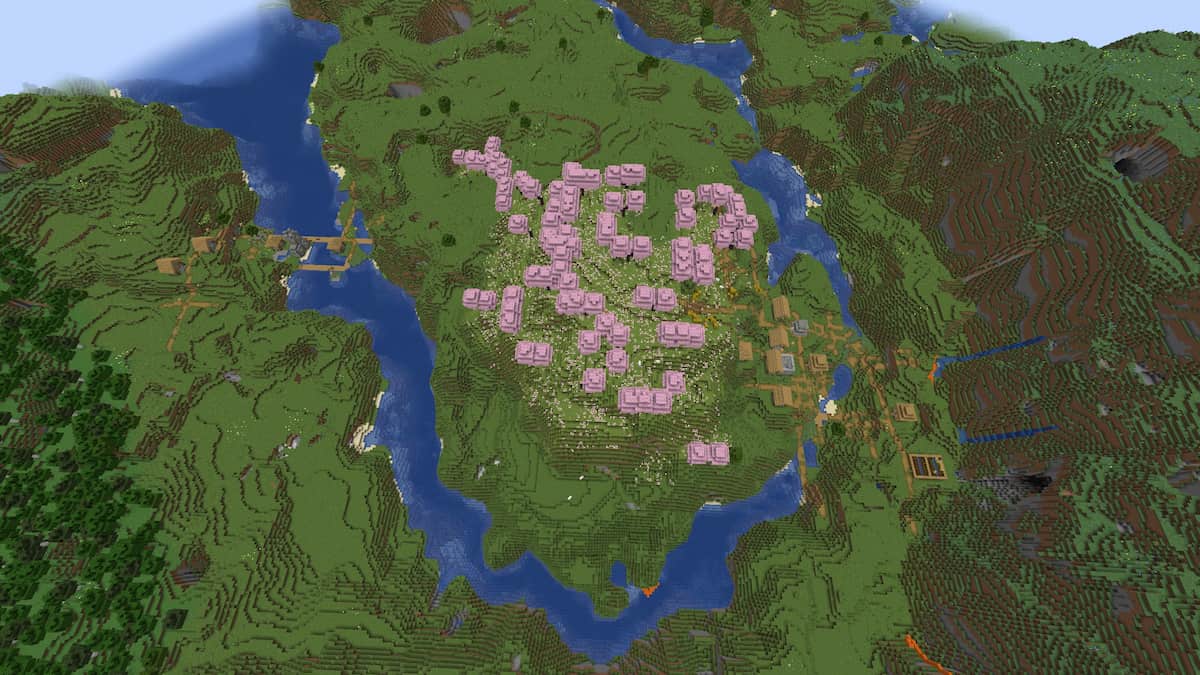 Two Plains Villages next to a Cherry Grove in Minecraft.