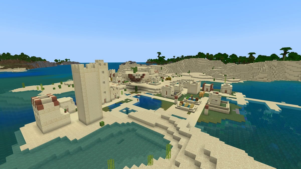 A Desert Village in a Desert colliding with a Jungle, a Beach, and a Plains biome.