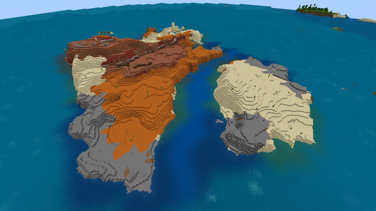 A Badlands Island with a Desert Village next to a Stony Shores island in Minecraft.