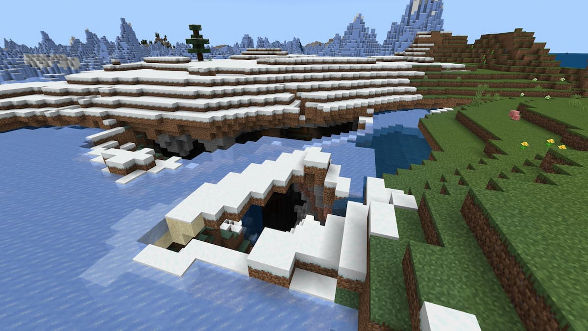 A deep cave beneath a Snowy Beach island in Minecraft.