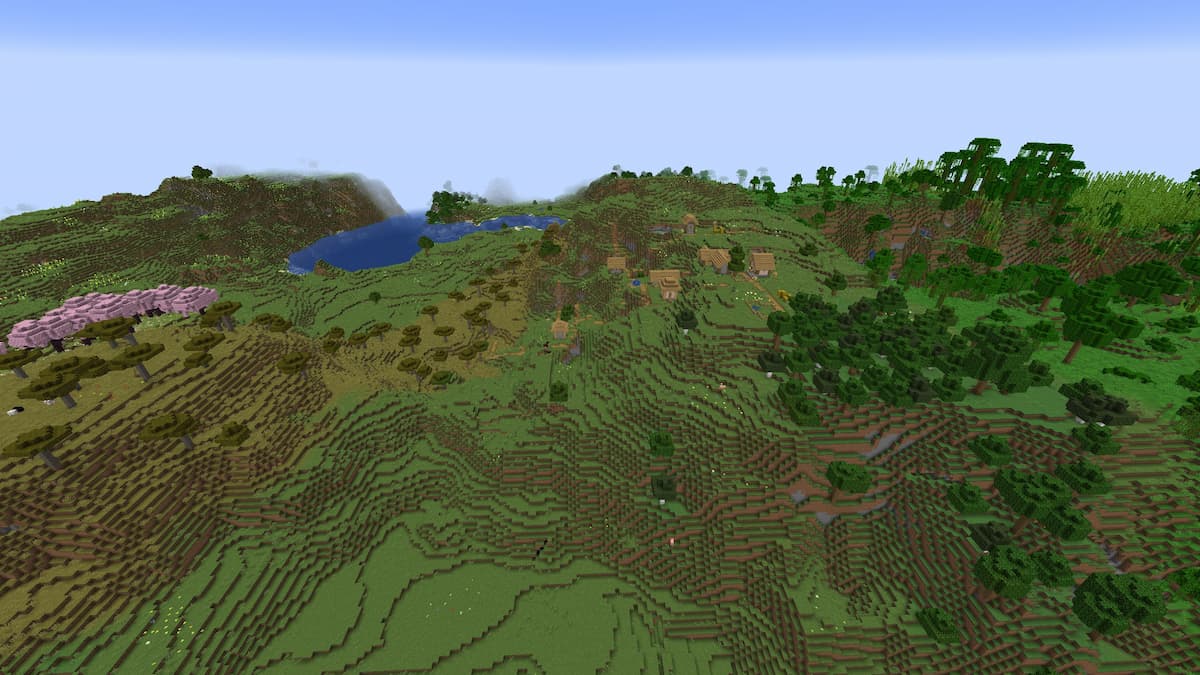 A Minecraft Plains Village surrounded by Jungle, Plains, Savanna, and Cherry Grove biomes