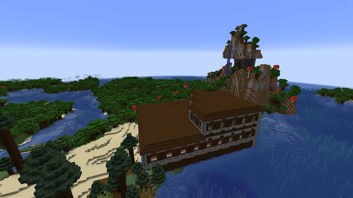 A Minecraft Woodland Mansion on an island beach