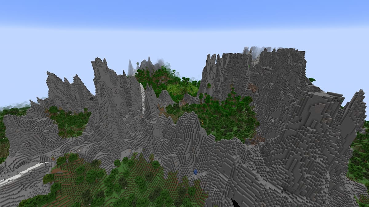 A massive Stony Peaks mountain range in a Minecraft Bamboo Jungle