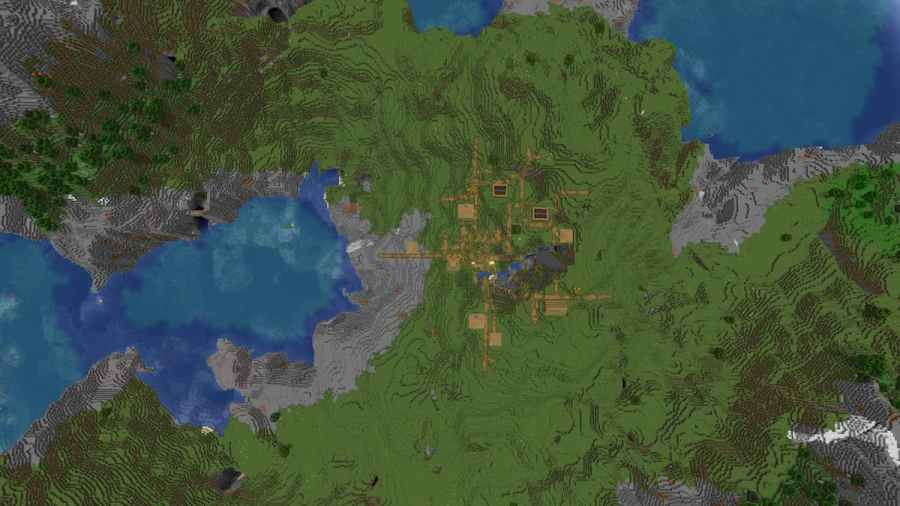 A Minecraft Plains Village with a ravine in the center next to a mountain and a cove with a Coral Reef