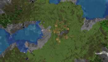 A Minecraft Plains Village with a ravine in the center next to a mountain and a cove with a Coral Reef