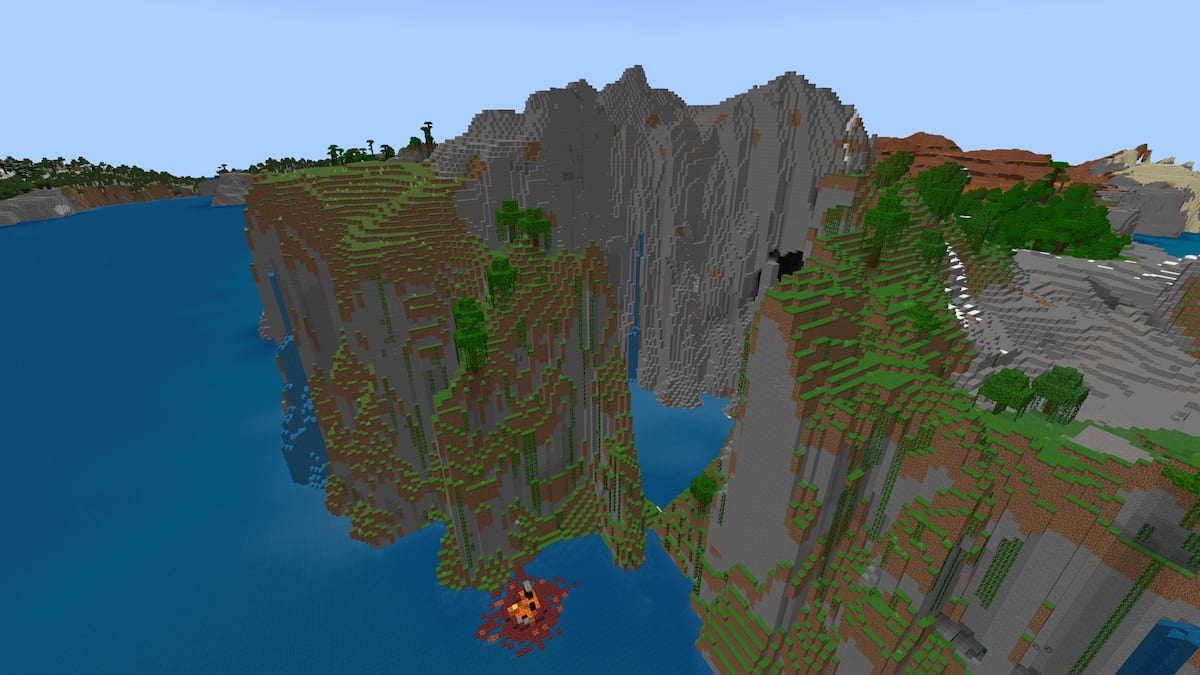 A tall cove with stone walls and a floating ruined portal