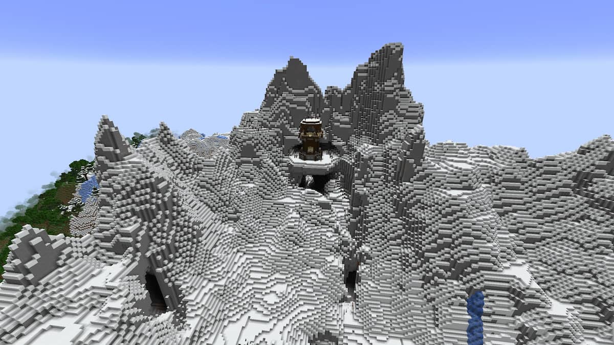 A Minecraft Pillager Outpost on the side of a Stony Peaks mountain